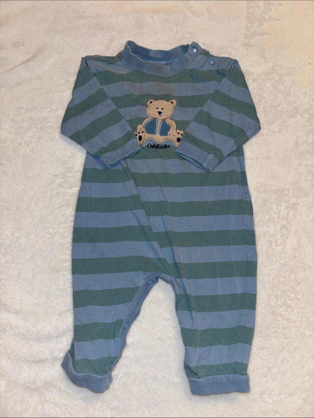 Vintage OshKosh B'gosh Blue and Green Striped Bear Footie